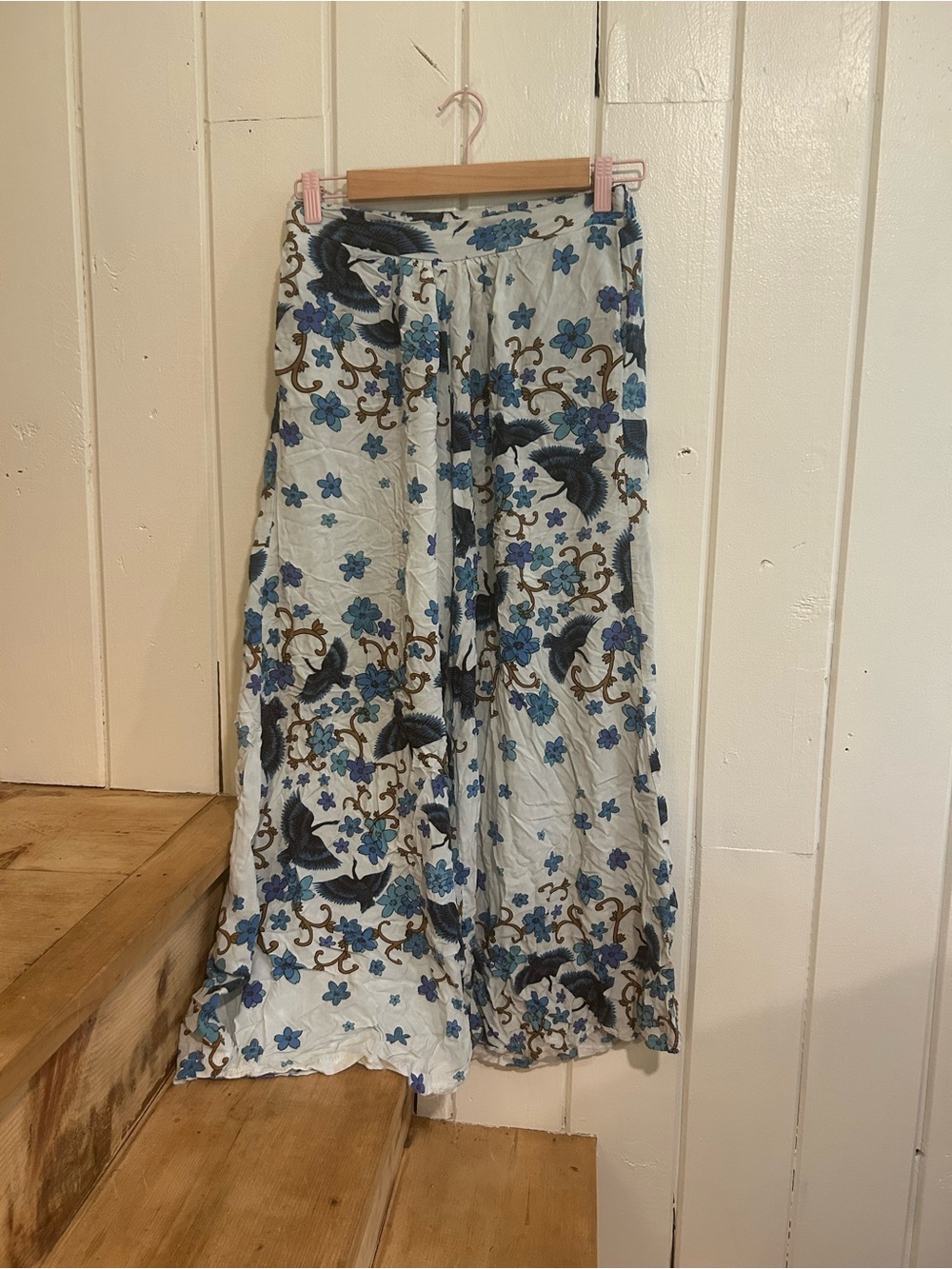Jaase Boho Wide Leg Blue Floral Bird Palazzo Pants‎ - size small